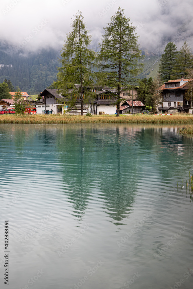 Kandersteg Switzerland - 05.09.2020 View of the village of Kandersteg and Muggeseeli lake