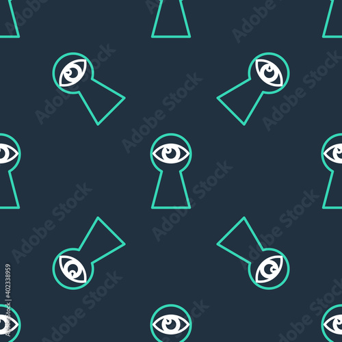 Line Keyhole with eye icon isolated seamless pattern on black background. The eye looks into the keyhole. Keyhole eye hole. Vector.