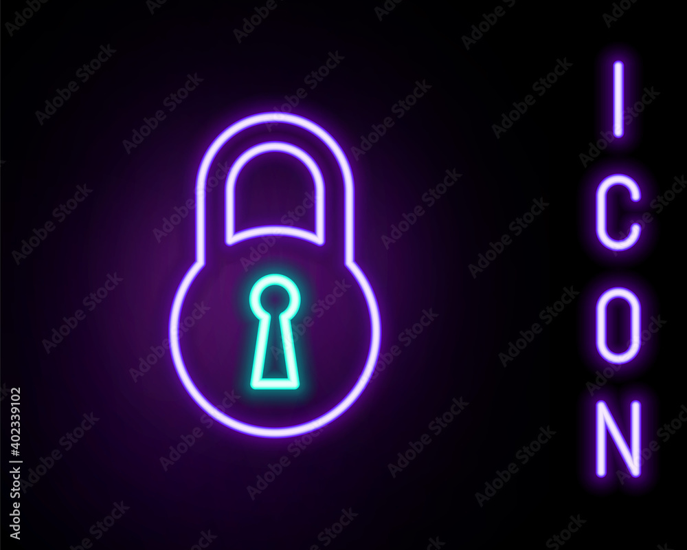 Glowing neon line Lock icon isolated on black background. Padlock sign. Security, safety, protection, privacy concept. Colorful outline concept. Vector.