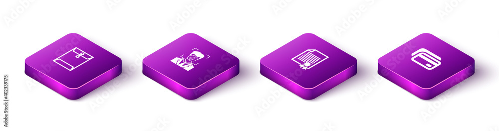 Set Isometric Envelope, Face recognition, Certificate template and Credit card icon. Vector. Set Isometric Envelope, Face recognition, Certificate template and Credit card icon. Vector.