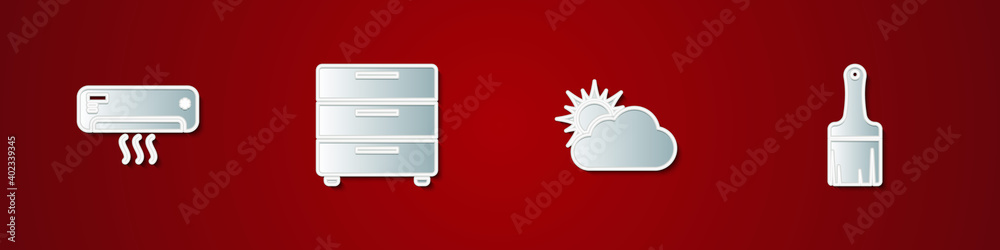 Set Air conditioner, Furniture nightstand, Sun cloud weather and Paint brush icon. Vector. Set Air conditioner, Furniture nightstand, Sun cloud weather and Paint brush icon. Vector.