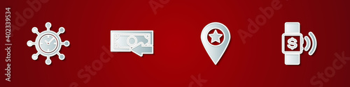 Set Clock and gear, Cash back, Location with star and Contactless payment icon. Vector.