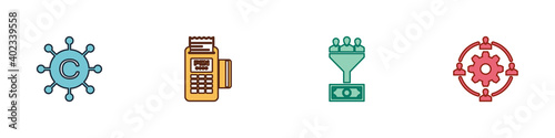 Set Copywriting network, POS terminal, Lead management and Outsourcing concept icon. Vector.