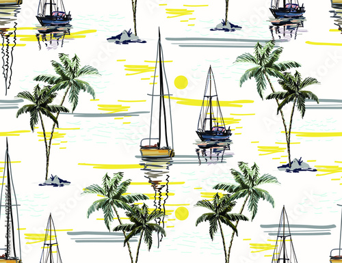 Beautiful botanical vector seamless pattern background with coconut palm trees, sailboat silhouettes, sun. Isolated on white background. The Summer beach surfing illustration.
