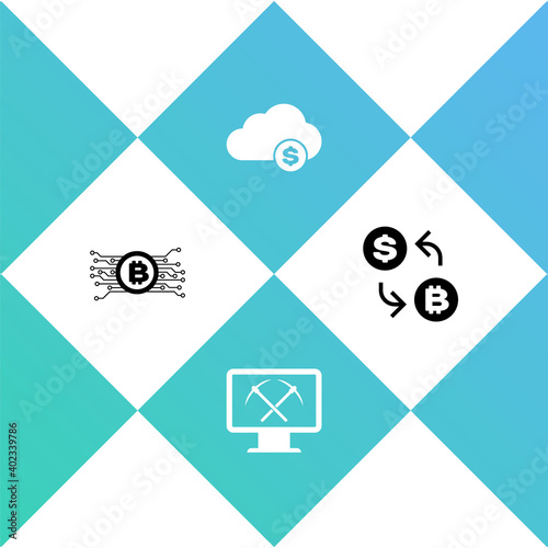 Set Cryptocurrency bitcoin in circuit, Mining with monitor and pickaxe, cloud mining and exchange icon. Vector.