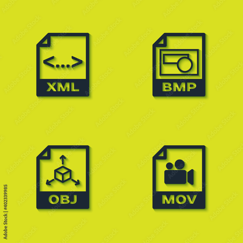 Set XML file document, MOV, OBJ and BMP icon. Vector. Set XML file document, MOV, OBJ and BMP icon. Vector.