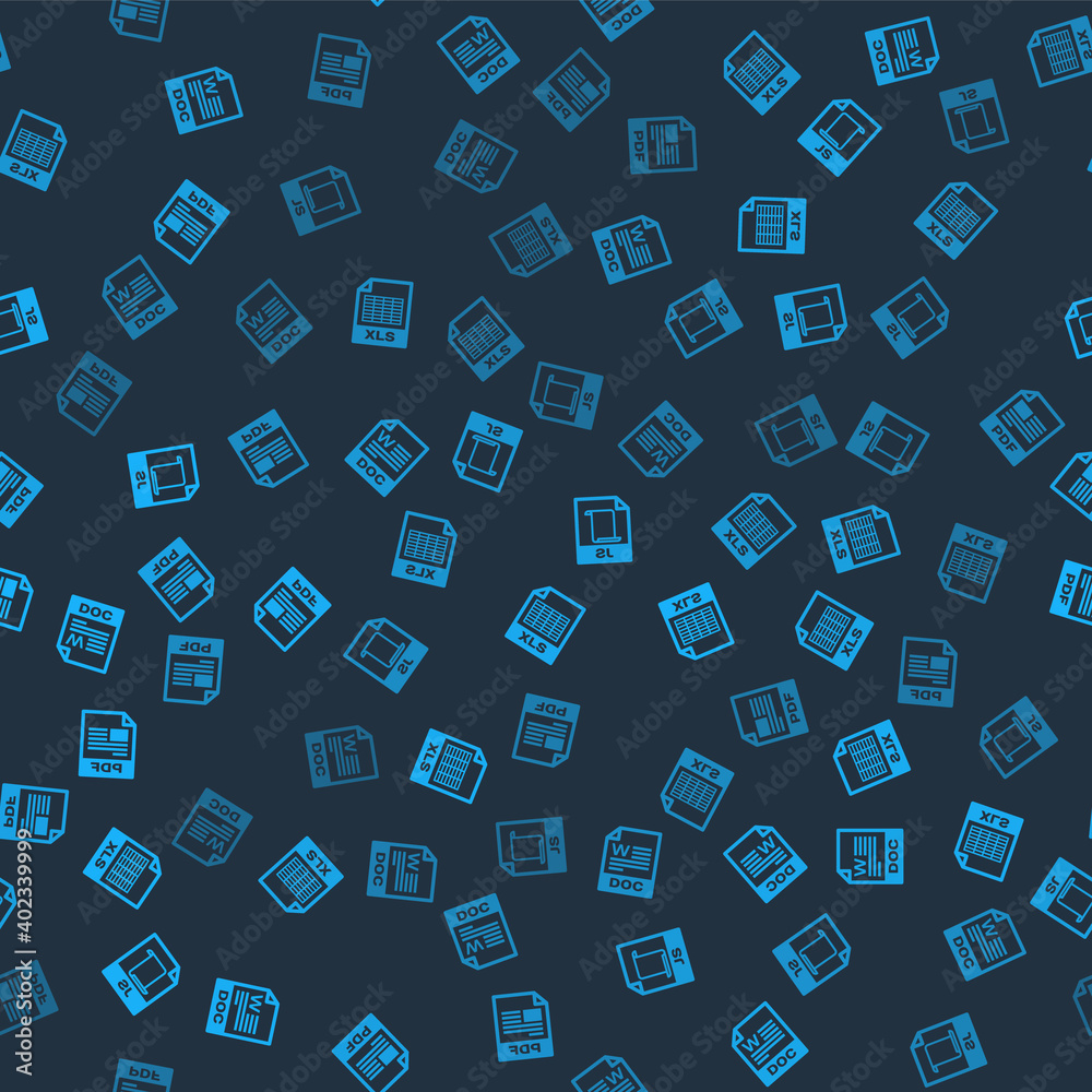 Set DOC file document, XLS, JS and PDF on seamless pattern. Vector.