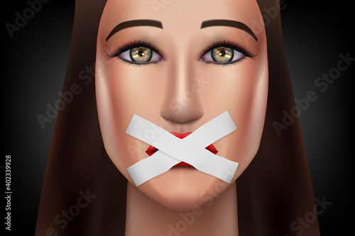 Young Woman Lips Sealed With Adhesive Tape