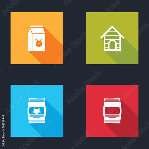 Set Bag of food for dog, Dog house, cat and icon. Vector.