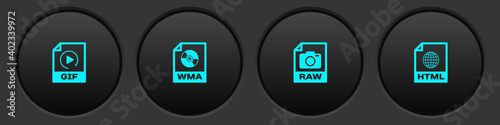 Set GIF file document, WMA, RAW and HTML icon. Vector.