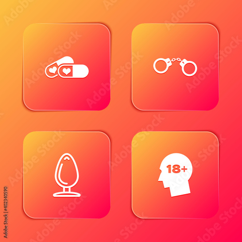 Set Pills for potency, Handcuffs, Anal plug and Head with 18 plus icon. Vector.