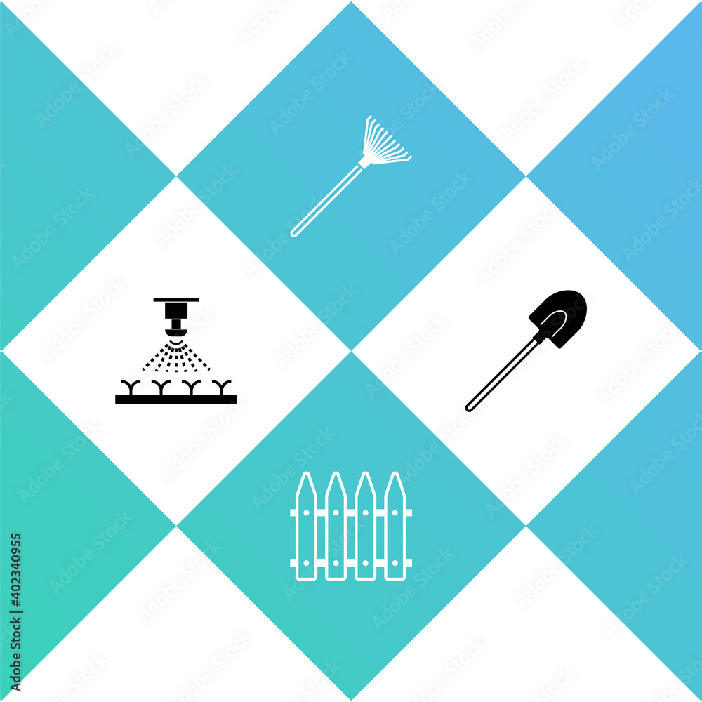 Set Automatic irrigation sprinklers, Garden fence, rake for leaves and shovel icon. Vector.