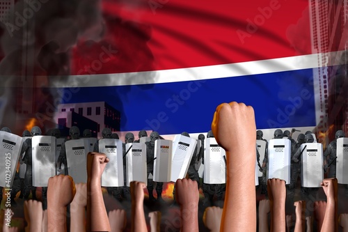 riot fighting concept - protest in Gambia on flag background, police guards stand against the demonstrators crowd -  military 3D Illustration