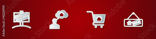 Set Hanging sign with Sold, Man dreaming about buying house, Shopping cart and icon. Vector.