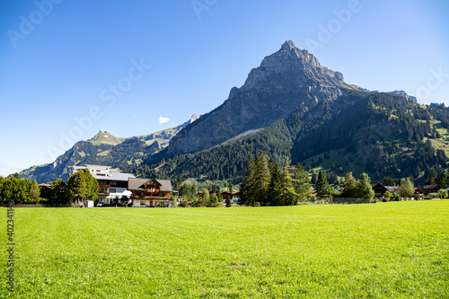 Kandersteg Switzerland - 05.09.2020 View of Kandersteg Village and Bire Peak in the Summer photo