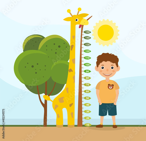 Height comparison between a cute colorful giraffe and young boy standing alongside a tree with measurement scale, colored cartoon vector illustration