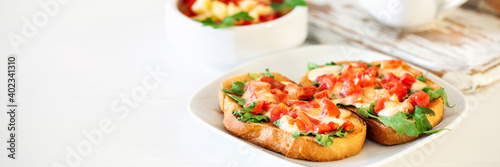 Bruschetta or sandwich with tomatoes, mozzarella cheese and herbs. Banner