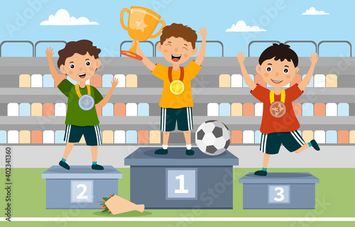 Three young boys on the winners podium cheering and waving after winning a sporting competition with the winner holding up a gold trophy, colored vector illustration