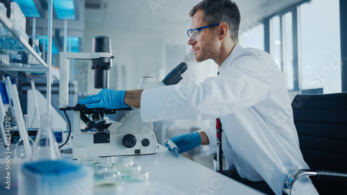 Medical Development Laboratory: Caucasian Male Scientist Looking Under Microscope, Moves Petri Dish Sample. Professionals Working in Advanced Scientific Lab doing Medicine, Biotechnology Research