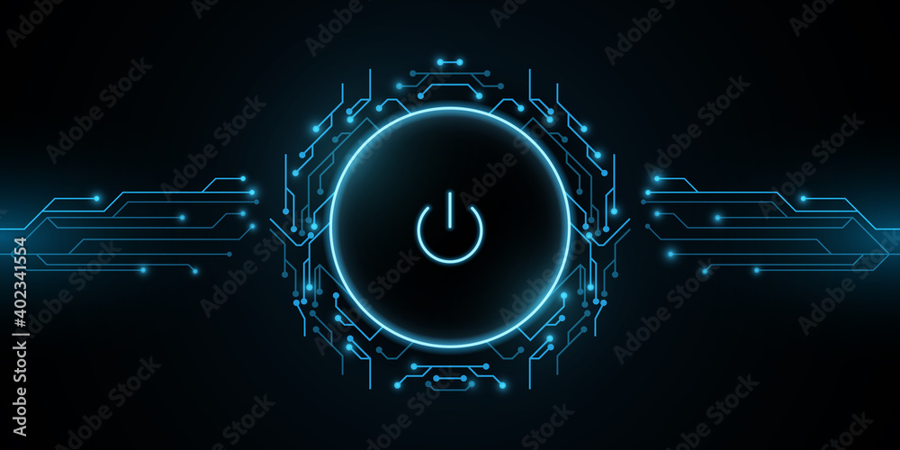 Futuristic power button with computer circuit board. HUD interface elements. UI Concept. Cyber luminescent switch. Technology modern background. Vector illustration