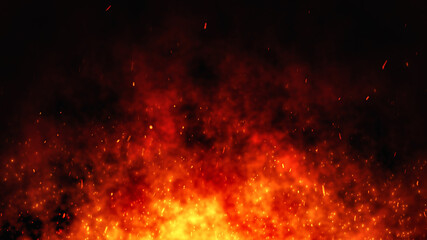 Fire embers particles over black background. Fire sparks background. Abstract dark glitter fire particles lights.