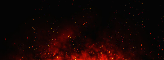 Fire embers particles over black background. Fire sparks background. Abstract dark glitter fire particles lights.