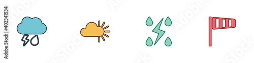 Set Cloud with rain and lightning, Cloudy, Storm and Cone windsock wind vane icon. Vector.