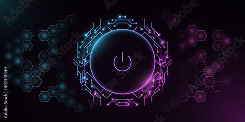 Futuristic power button with computer circuit board on a background with a pattern of hexagons. HUD interface elements. UI concept. Cyber neon switch. Vector illustration