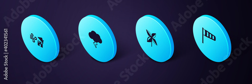 Set Isometric Cone meteorology windsock wind vane, Pinwheel, Storm and Tornado swirl icon. Vector.