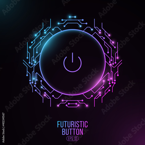Futuristic power button with computer circuit board. HUD interface elements. UI Concept. Cyber purple and blue neon switch. Technology modern background. Vector illustration