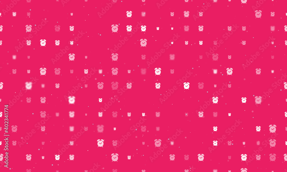 Seamless background pattern of evenly spaced white alarm clock symbols of different sizes and opacity. Vector illustration on pink background with stars Seamless background pattern of evenly spaced white alarm clock symbols of different sizes and opacity. Vector illustration on pink background with stars