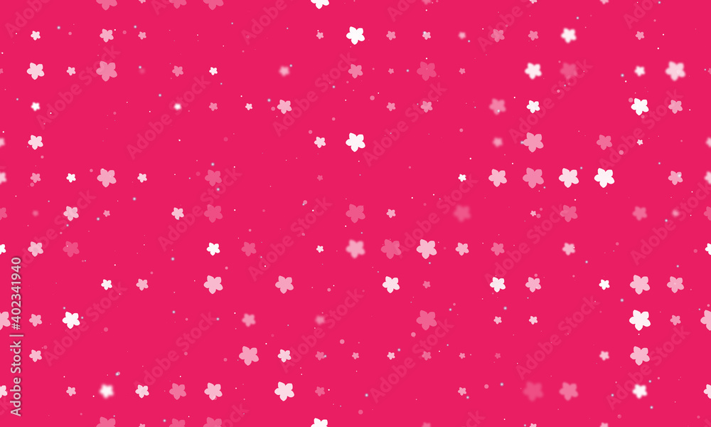 Seamless background pattern of evenly spaced white forget-me-not flowers of different sizes and opacity. Vector illustration on pink background with stars