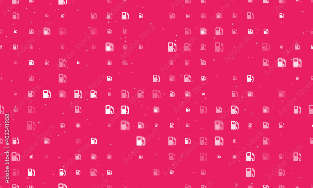 Seamless background pattern of evenly spaced white gas station symbols of different sizes and opacity. Vector illustration on pink background with stars
