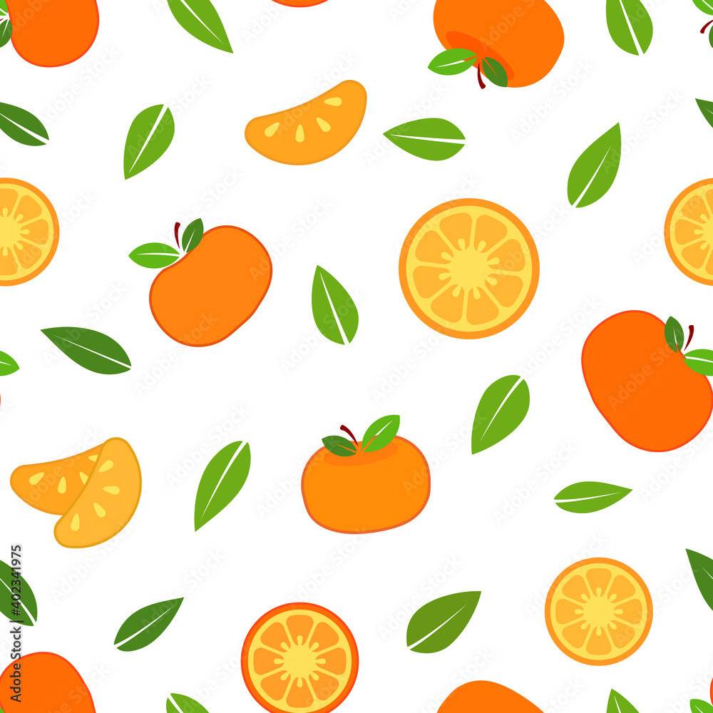 Tangerine fruit full, slices and guys, and green leaves flat vector illustration ove white background seamless pattern