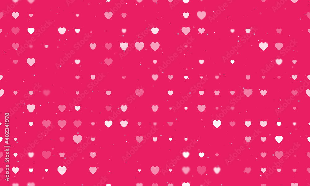 Seamless background pattern of evenly spaced white hearts of different sizes and opacity. Vector illustration on pink background with stars