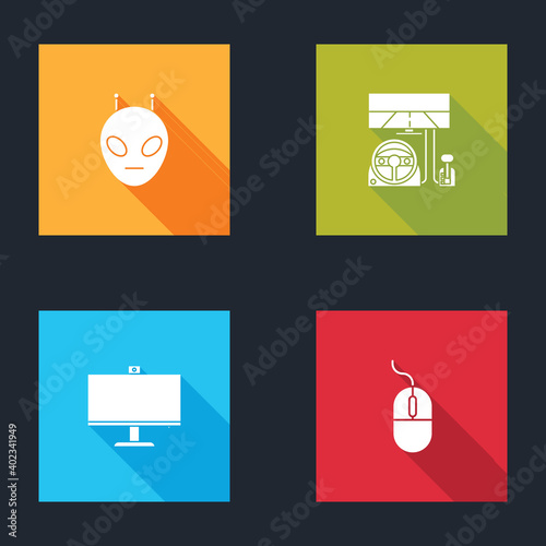 Set Alien, Racing simulator cockpit, Computer monitor and mouse icon. Vector.