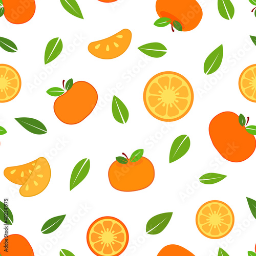 Tangerine fruit full, slices and guys, and green leaves flat vector illustration ove white background seamless pattern