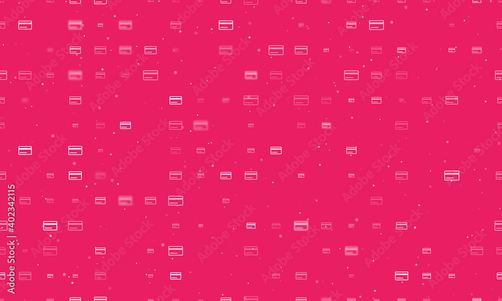 Seamless background pattern of evenly spaced white credit card symbols of different sizes and opacity. Vector illustration on pink background with stars Seamless background pattern of evenly spaced white credit card symbols of different sizes and opacity. Vector illustration on pink background with stars