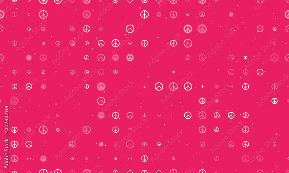 Seamless background pattern of evenly spaced white peace symbols of different sizes and opacity. Vector illustration on pink background with stars Seamless background pattern of evenly spaced white peace symbols of different sizes and opacity. Vector illustration on pink background with stars
