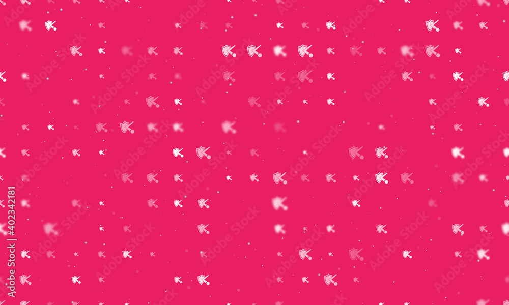Seamless background pattern of evenly spaced white ball bounces off the shield symbols of different sizes and opacity. Vector illustration on pink background with stars