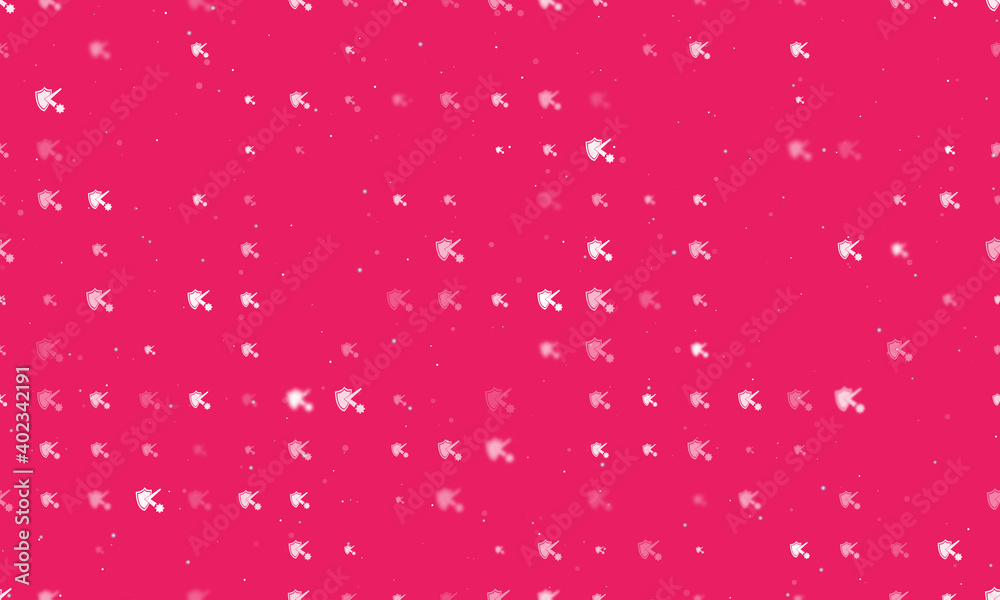 Seamless background pattern of evenly spaced white virus bounces off the shield symbols of different sizes and opacity. Vector illustration on pink background with stars