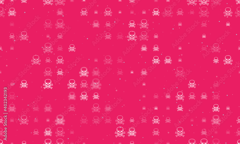 Seamless background pattern of evenly spaced white skulls of different sizes and opacity. Vector illustration on pink background with stars