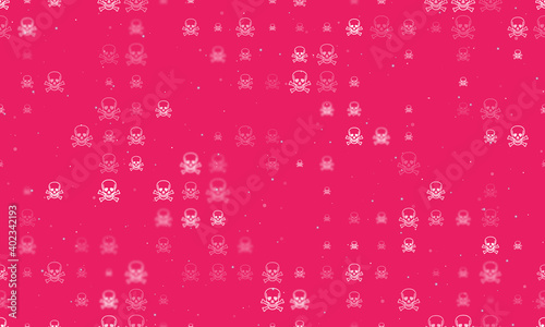 Seamless background pattern of evenly spaced white skulls of different sizes and opacity. Vector illustration on pink background with stars