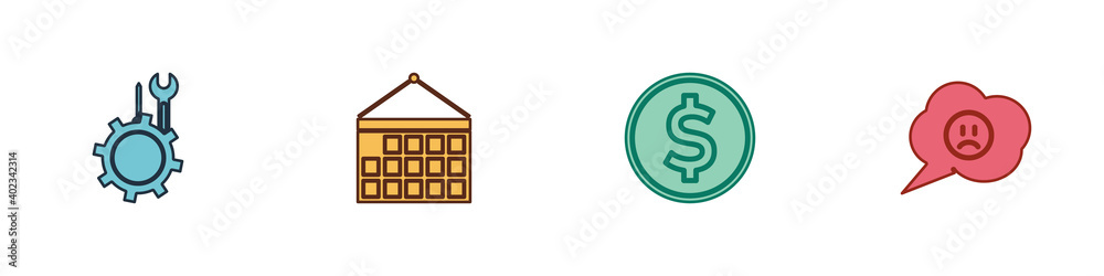 Set Wrench and screwdriver in gear, Calendar, Coin money with dollar and Speech bubble sad smile icon. Vector. Set Wrench and screwdriver in gear, Calendar, Coin money with dollar and Speech bubble sad smile icon. Vector.