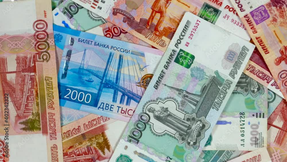 Top View Various Russian Banknotes Rotate. Top View Various Russian Banknotes Rotate.