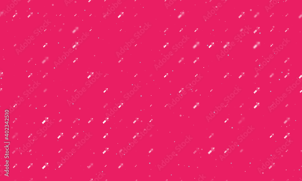 Seamless background pattern of evenly spaced white champagne opening symbols of different sizes and opacity. Vector illustration on pink background with stars