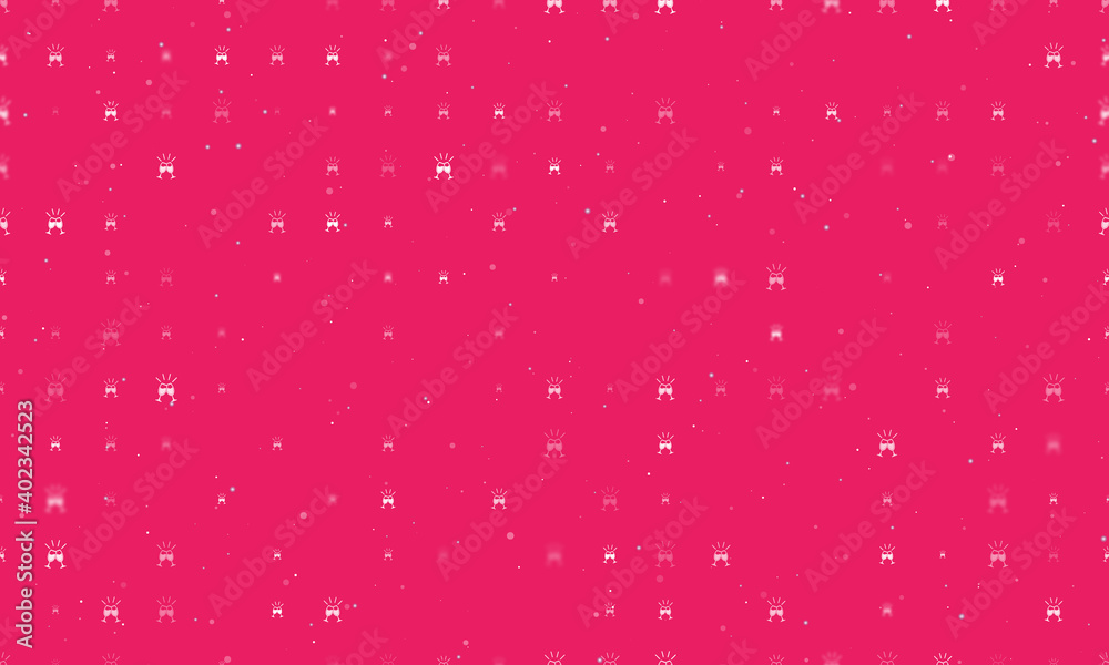 Seamless background pattern of evenly spaced white champagne toast symbols of different sizes and opacity. Vector illustration on pink background with stars