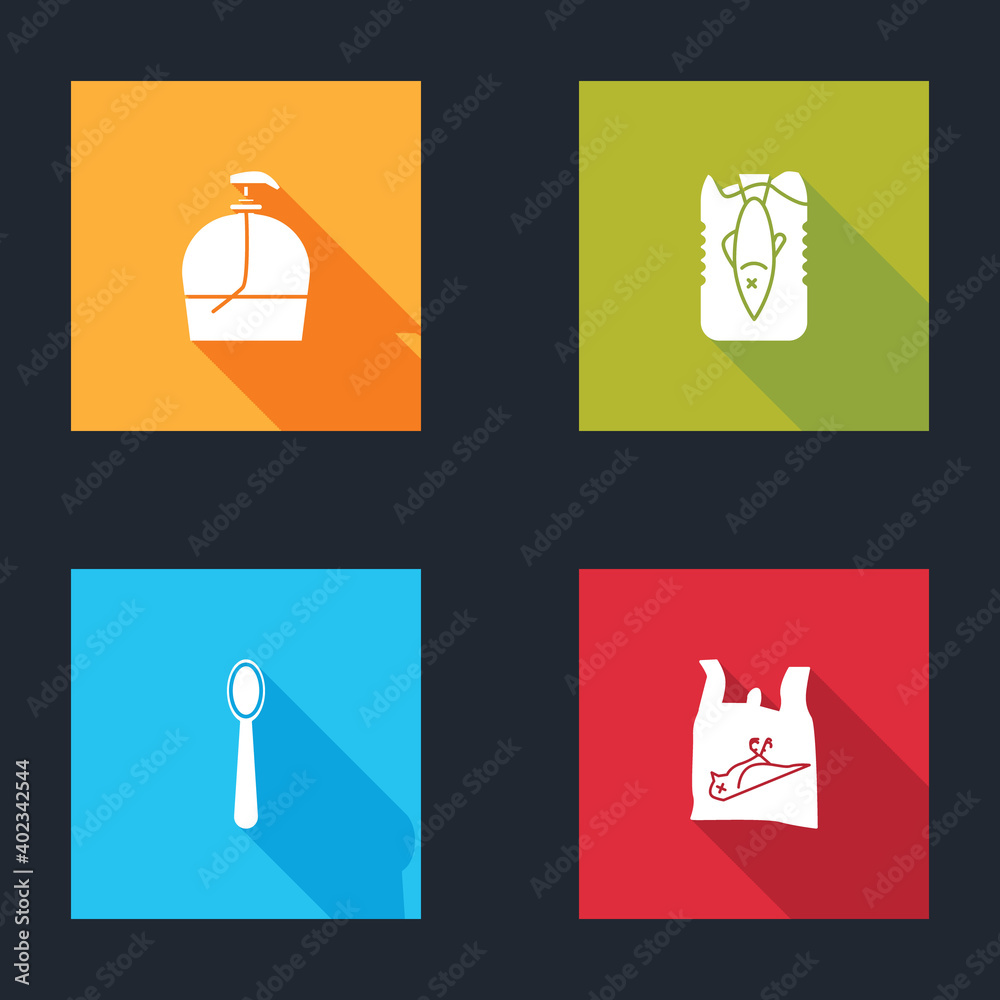 Set Bottle of liquid soap, Stop ocean plastic pollution, Disposable spoon and Dead bird, icon. Vector. Set Bottle of liquid soap, Stop ocean plastic pollution, Disposable spoon and Dead bird, icon. Vector.