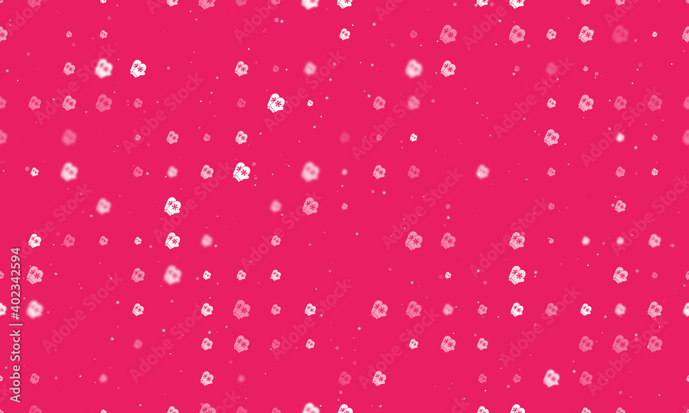 Seamless background pattern of evenly spaced white mittens symbols of different sizes and opacity. Vector illustration on pink background with stars
