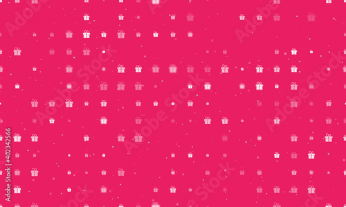 Seamless background pattern of evenly spaced white gift symbols of different sizes and opacity. Vector illustration on pink background with stars